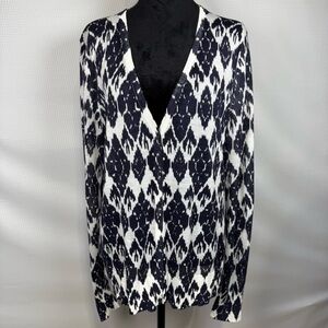 Ann Taylor LOFT Navy & White Diamond Print Lightweight Cardigan Sweater Size L